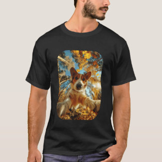 Camiseta Corgi Fofo Selfie Folhas de Outono Floresta Outono