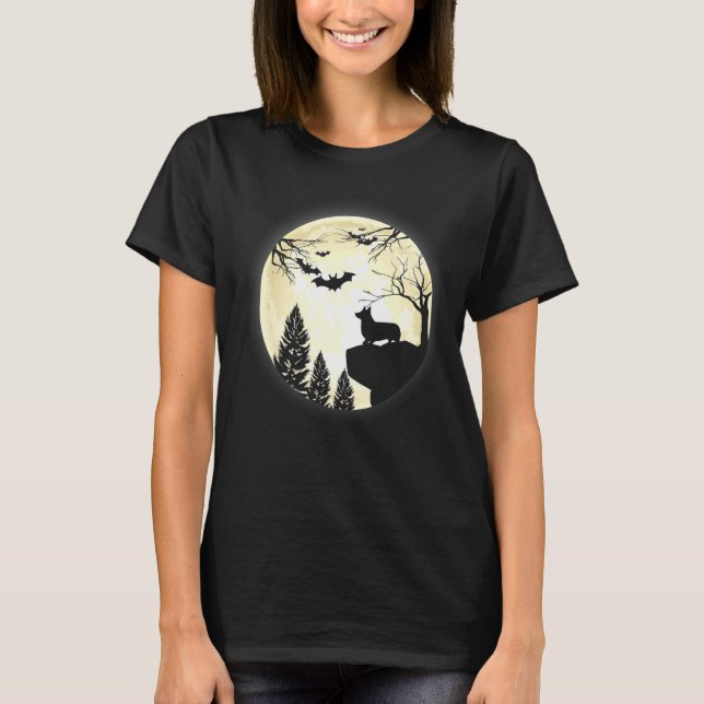 Camiseta Corgi Francês & Lua Cheia No Halloween Assustador  (Frente)