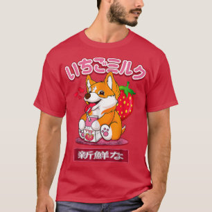 Camiseta Corgi Funny Japonês Kawaii Strawberry Milk Shake