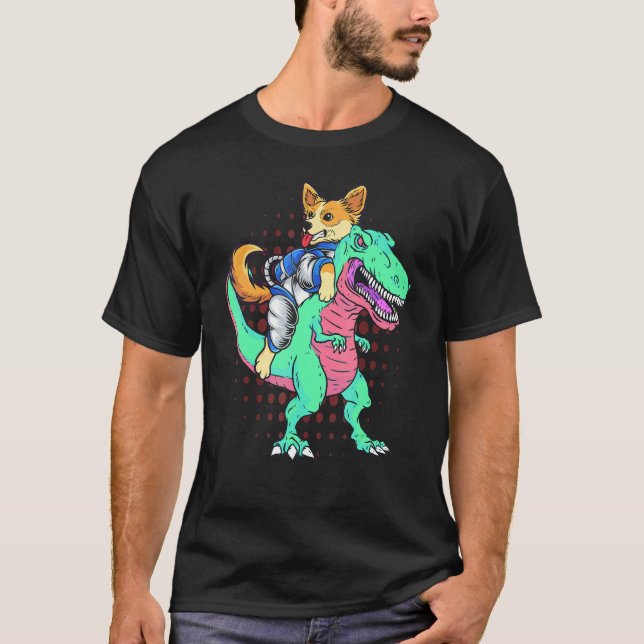Camiseta Corgi Futurista Montando T Rex Cães Inteligentes C (Frente)
