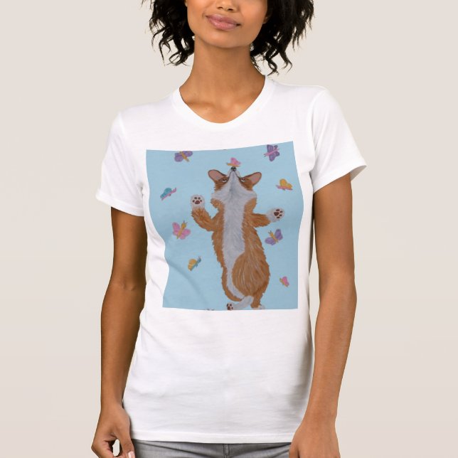 Camiseta Corgi galês dançando com borboletas (Frente)