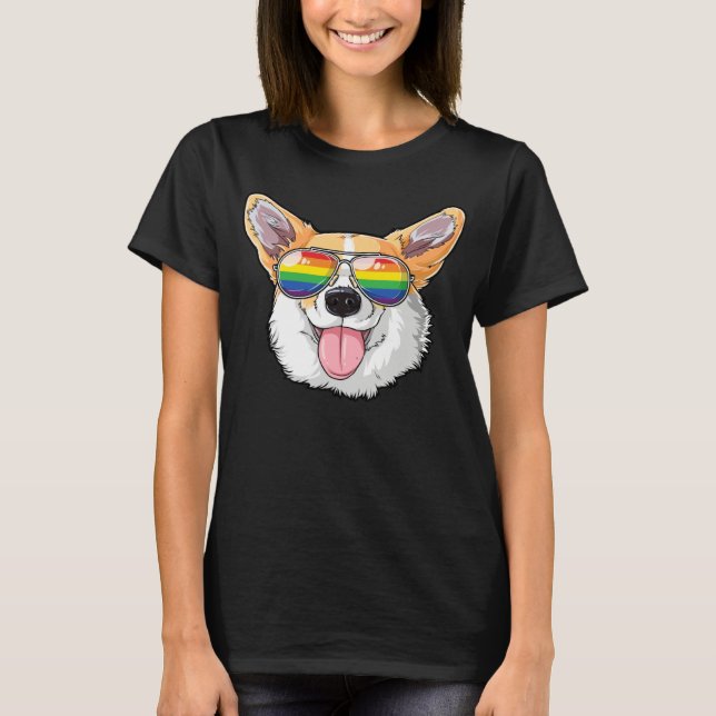 Camiseta Corgi Gay Pride LGBT Rainbow Flag Sunglasses LGBTQ (Frente)