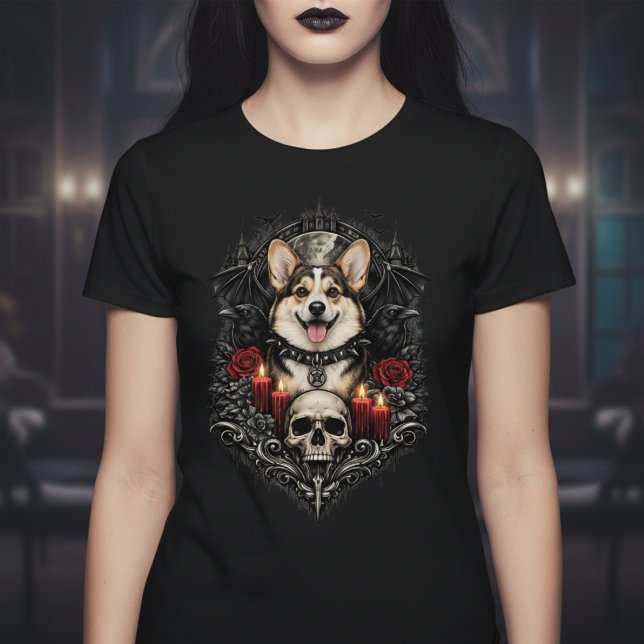 Camiseta Corgi Gótico Escuro Com Caveira e Velas (Dark Gothic Corgi With Skull and Candles T-Shirt by Ricaso A fun dog themed goth shirt
)