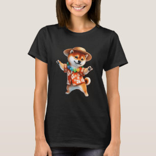 Camiseta Corgi havaiano dançante com flores tropicais cacho