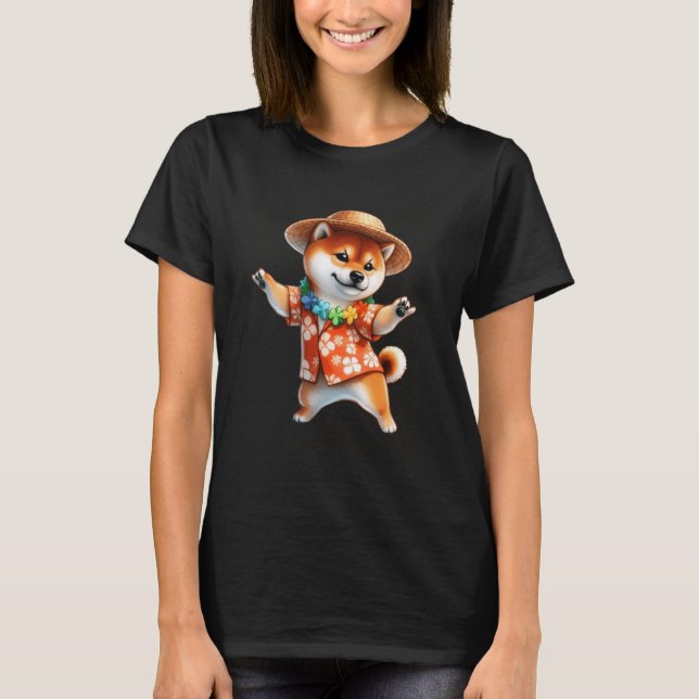 Camiseta Corgi havaiano dançante com flores tropicais cacho (Frente)