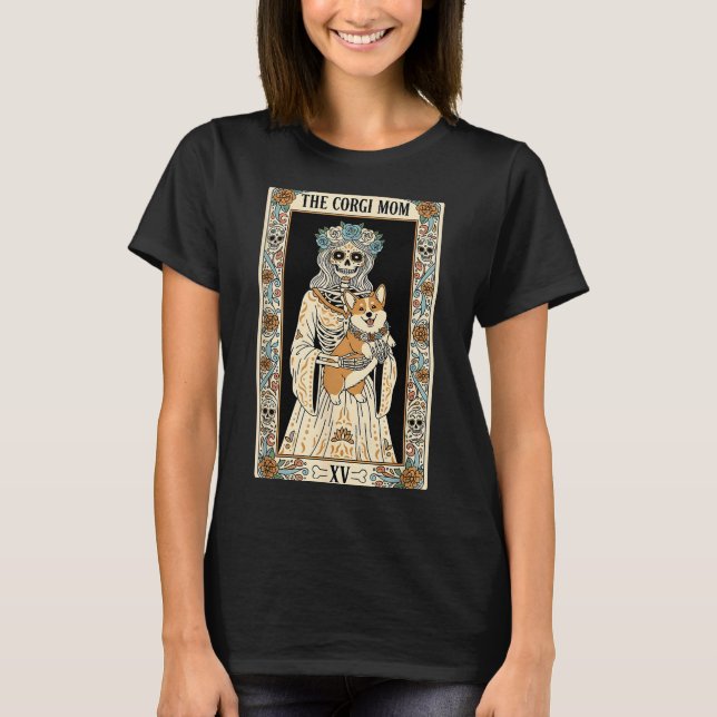 Camiseta Corgi Mom Tarot Card Skeleton Dog Lover Soky Hallo (Frente)