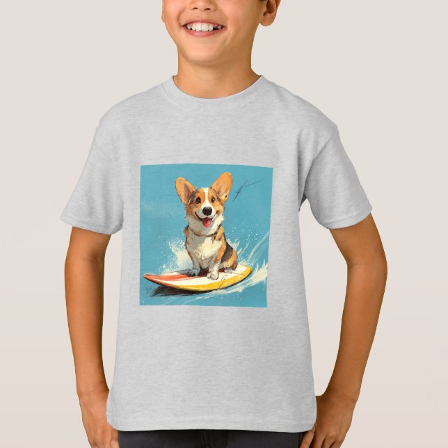 Camiseta Corgi montado em prancha de surfe (Frente)