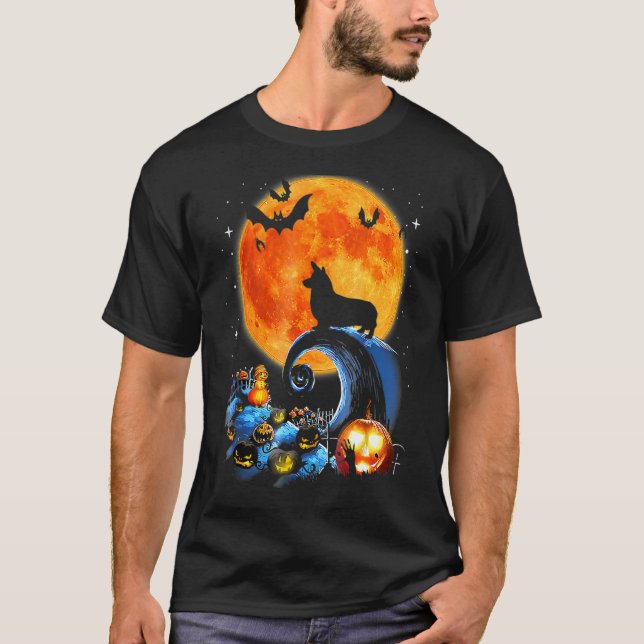 Camiseta Corgi Moon Pumpkin Halloween Cão (Frente)