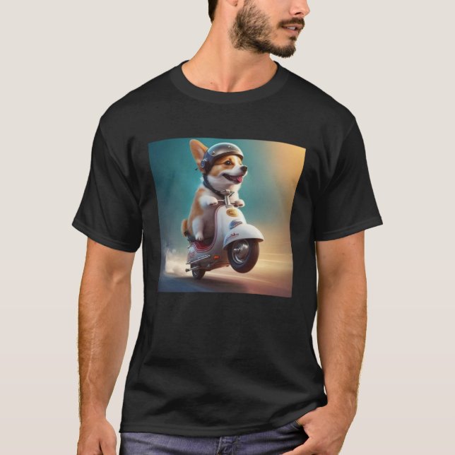 Camiseta Corgi Moped Bike Road Trip Speed Adventure Dogs (Frente)