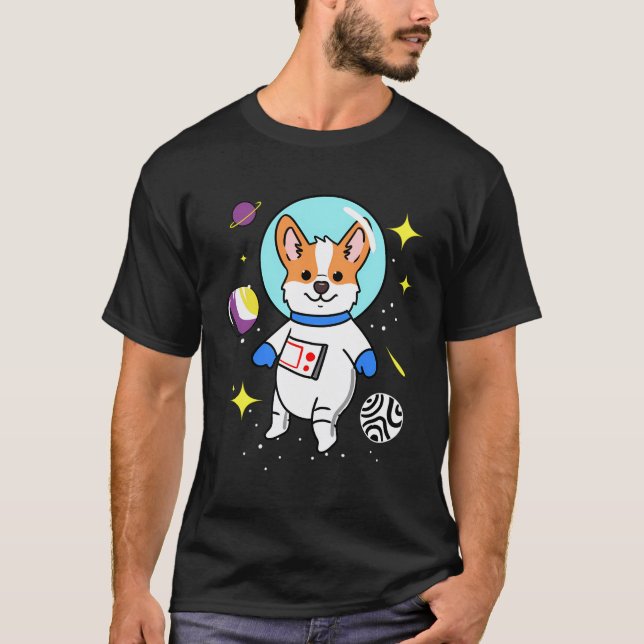 Camiseta Corgi Não-Binário No Orgulho Não-Binário Espacial (Frente)
