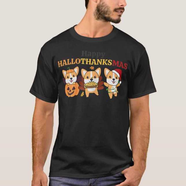 Camiseta Corgi Natal Halloween Feliz (Frente)