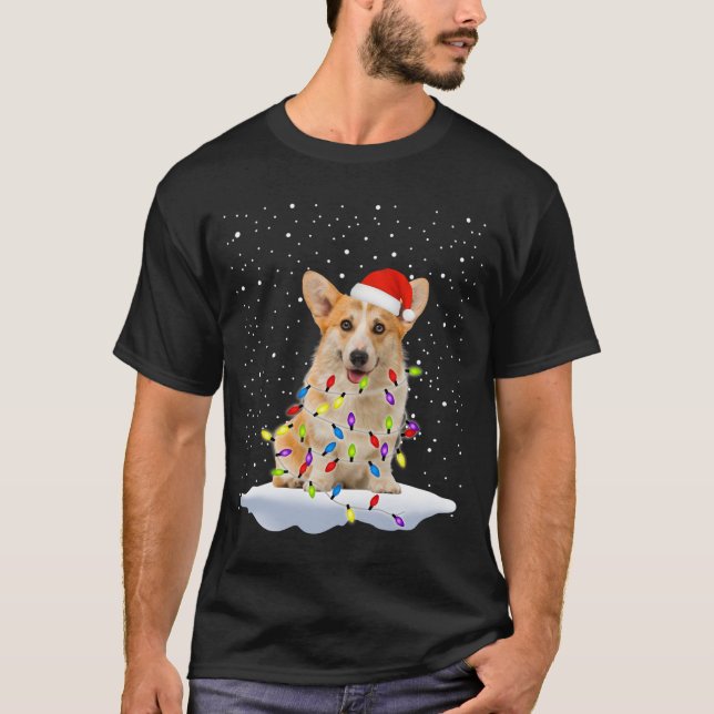 Camiseta Corgi Papais noeis Árvore de Natal Luzes de Natal  (Frente)