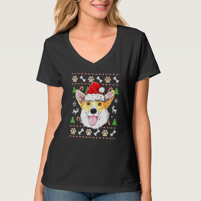 Camiseta Corgi Papais noeis Árvore de Natal Luzes Xmas Meni (Frente)