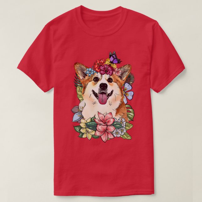 Camiseta Corgi Primavera de Plantas Botânicas Floral263 (Frente do Design)