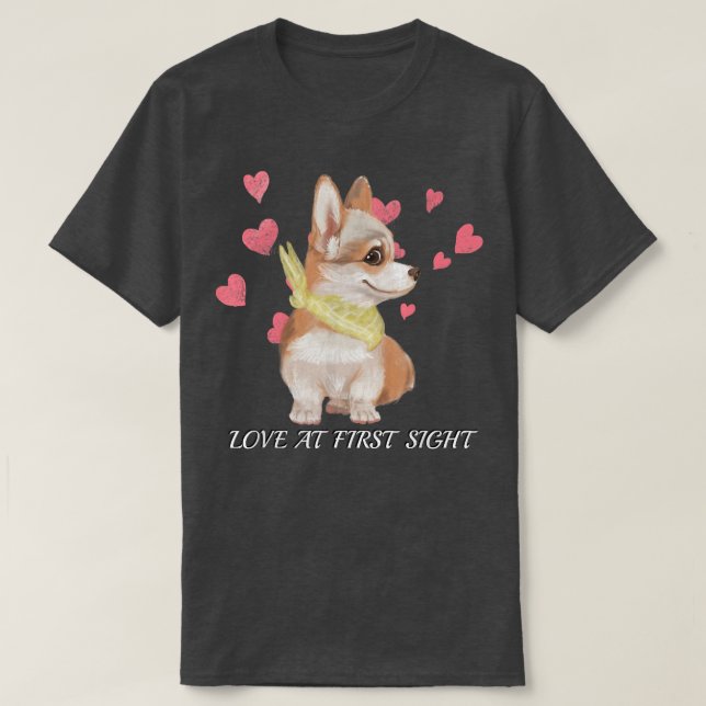 Camiseta Corgi Puppy Love Em 1rua Cura Aquarela Corações De (Frente do Design)