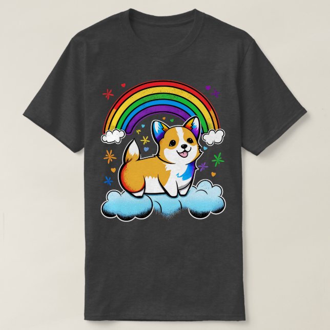 Camiseta Corgi Rainbow Cloud Kawaii Animais Cachorros (Frente do Design)