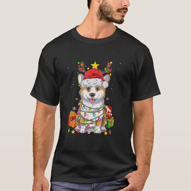 Camiseta Corgi Reindeer, Luzes de Árvore de Natal Meninos C (Frente)