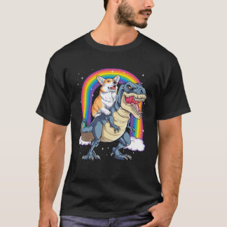 Camiseta Corgi Riding Dinosaur rex  Men Women Rainbow
