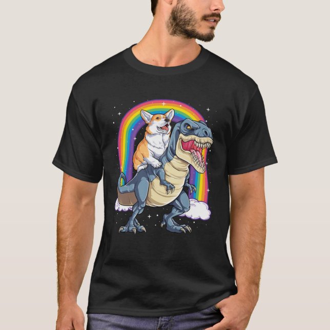 Camiseta Corgi Riding Dinosaur rex  Men Women Rainbow (Frente)