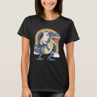 Camiseta Corgi Riding Dinosaur rex  Men Women Rainbow