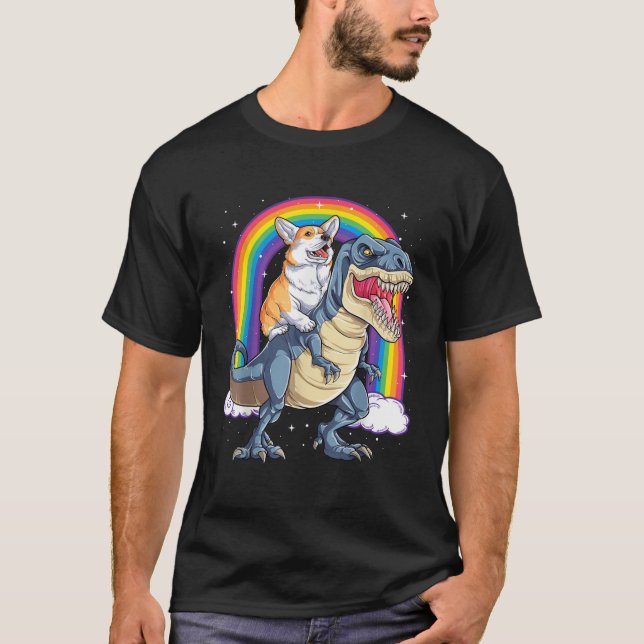 Camiseta Corgi Riding Dinosaur T rex (Frente)