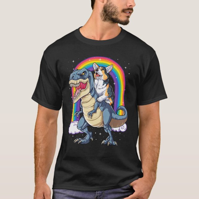 Camiseta Corgi Riding Dinosaur T rex Boys Raparigas Rainbow (Frente)