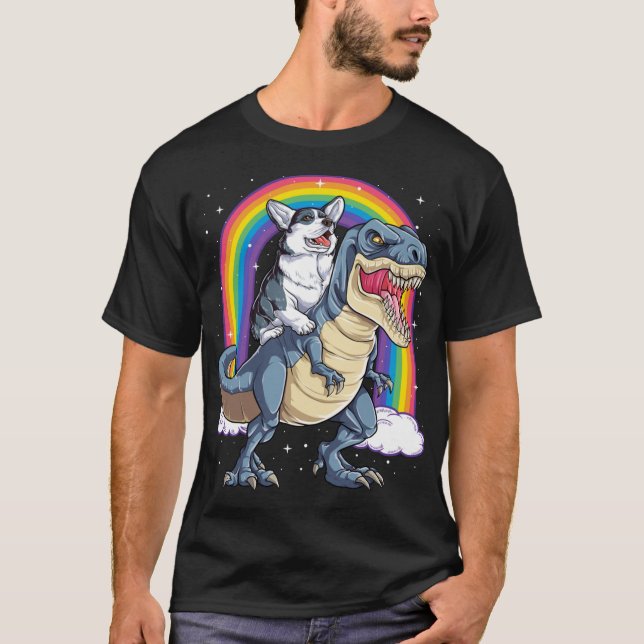 Camiseta Corgi Riding Dinossaur T rex Shirt Engraçado Rainb (Frente)