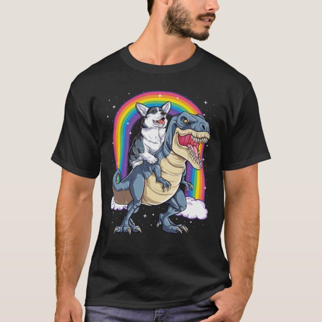 Camiseta Corgi Riding Dinossaur T rex Shirt Engraçado Rainb (Frente)
