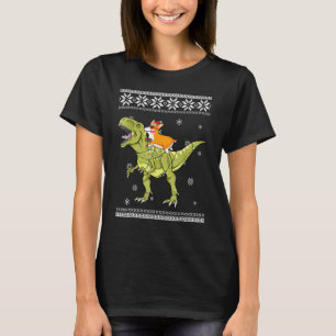 Camiseta Corgi Riding T Rex Dinossaur Natal Light Xmas
