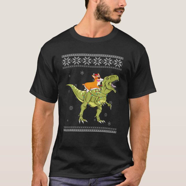 Camiseta Corgi Riding T Rex Dinossaur Natal Light Xmas G (Frente)