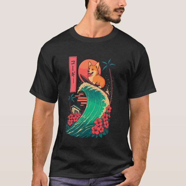 Camiseta Corgi Surfando Onda Japonesa (Frente)