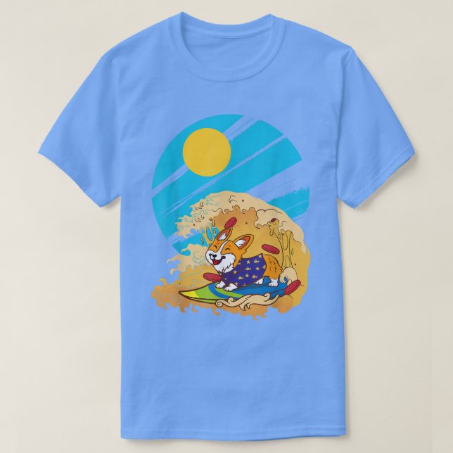 Camiseta Corgi Surfing Big Wave Pizza Surfboard Lover H (Frente do Design)