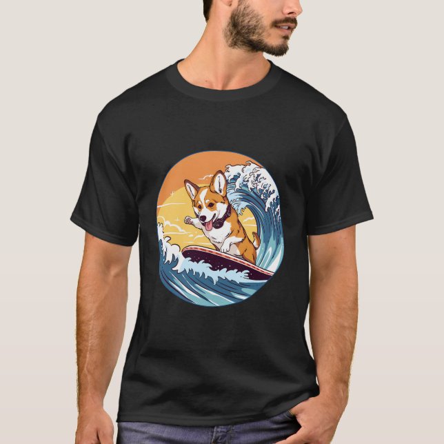 Camiseta Corgi Surfing Funny Dog Beach (Frente)
