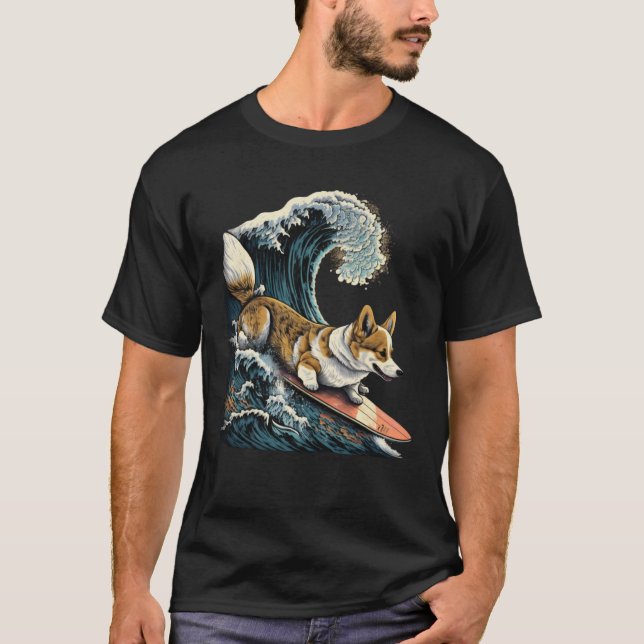 Camiseta Corgi Surfing Kanagawa Japonês Onda de excelente (Frente)