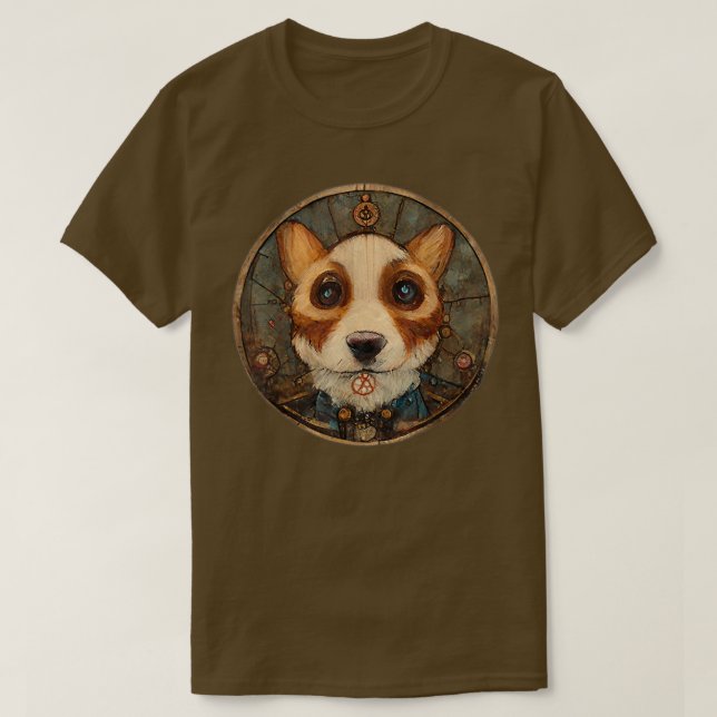 Camiseta Corgi Surreal Steampunk Trabalho de arte, Cachorro (Frente do Design)