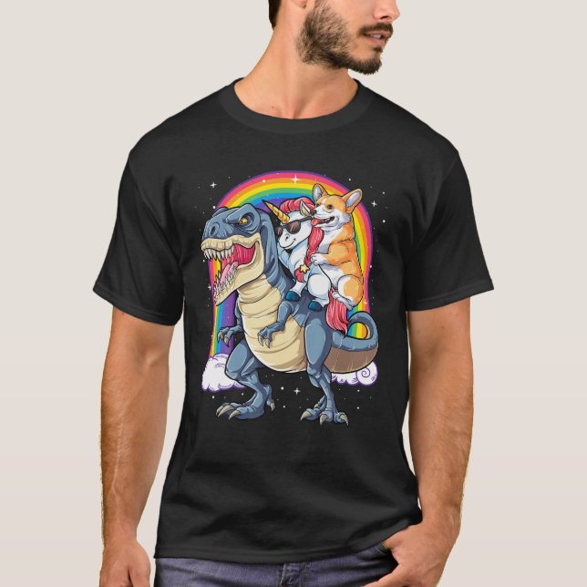 Camiseta Corgi Unicorn Dinossaur T Rex T Kids Girls Rainbow (Frente)