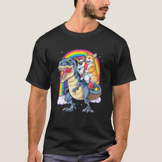 Camiseta Corgi Unicorn Diosaur T Rex Men Rai (Frente)