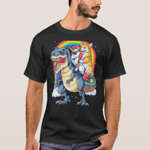 Camiseta Corgi Unicórnio Montando Dinossauro Rex Homens Mul