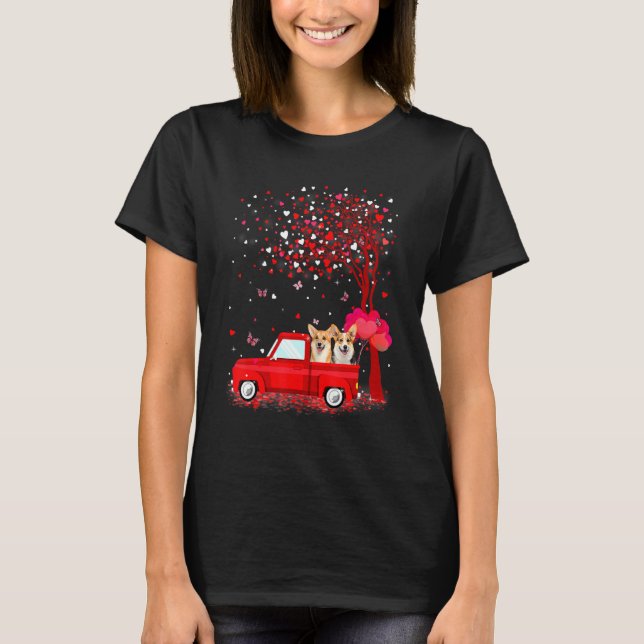Camiseta Corgi Valentine's Day Gifts Dogs Red Truck Hearts (Frente)
