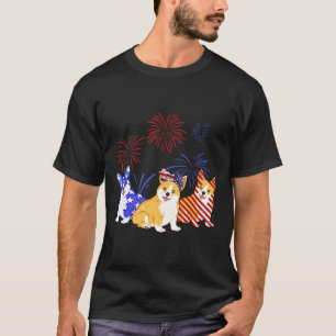Camiseta Corgi Vermelho Branco Azul Bandeira EUA Fogos 4 de