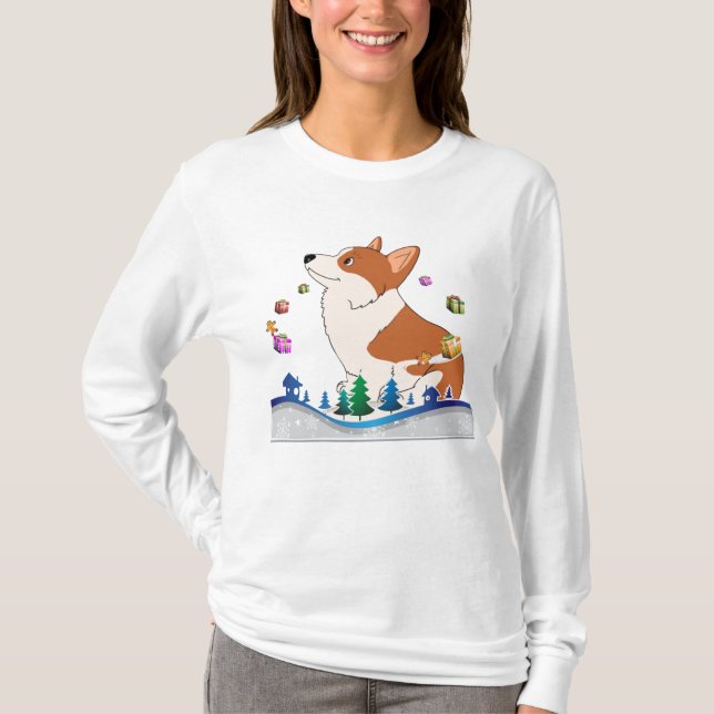 Camiseta Corgi Welch do feriado com presentes de flutuação (Frente)