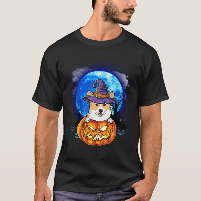 Camiseta Corgi Witch Hat Pumpkin Assusta Cachorros de Hallo (Frente)