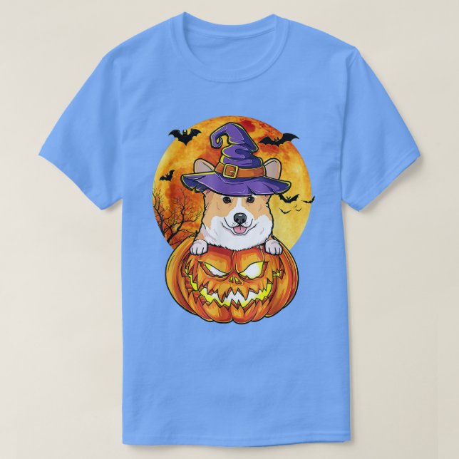 Camiseta Corgi Witch Pumpkin Halloween Dog Engraçado -650 (Frente do Design)