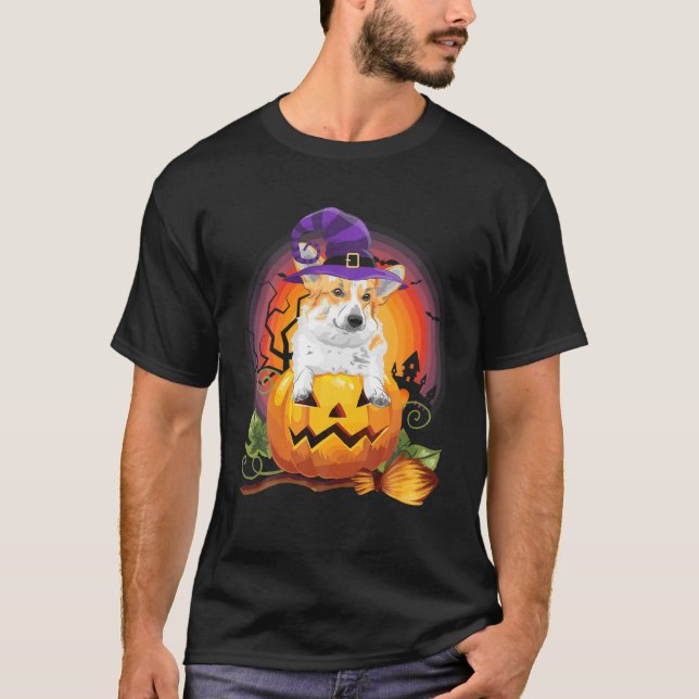 Camiseta Corgi Witch Pumpkin Halloween Dog Fumaça (Frente)