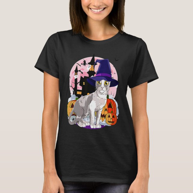 Camiseta Cornish Rex Cat Witchy Pumpkin Magic Hallowe (Frente)