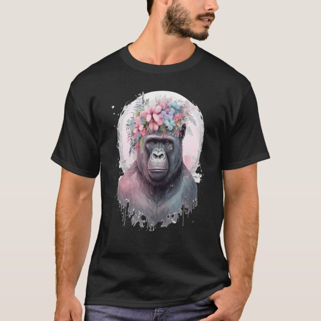 Camiseta Coroa africana de flores de gorila-branca (Frente)