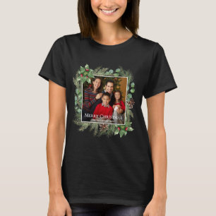 Camiseta Coroa Botânica de Foto de Natal Feliz