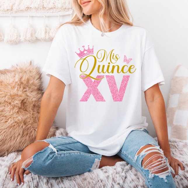 Camiseta Coroa Cinzenta Rosa Mis Quince XV Partido Quincean (Pink Glitter Crown Mis Quince XV Quinceanera Party T-Shirt)