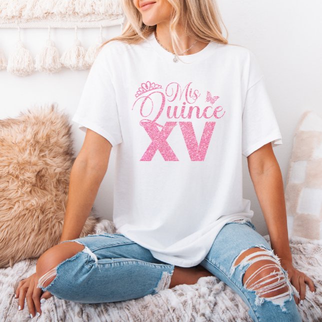 Camiseta Coroa Cinzenta Rosa Mis Quince XV Partido Quincean (Pink Glitter Crown Mis Quince XV Quinceanera Party T-Shirt)