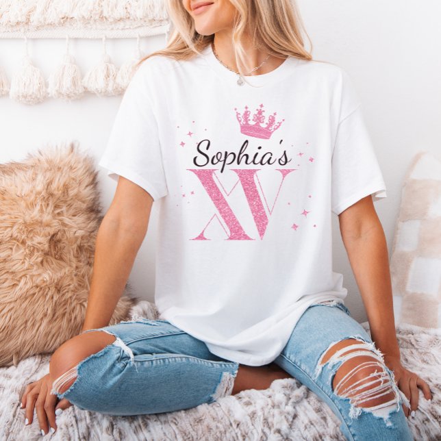 Camiseta Coroa Cinzenta Rosa Mis Quince XV Partido Quincean (Pink Glitter Crown Mis Quince XV Quinceanera Party T-Shirt)